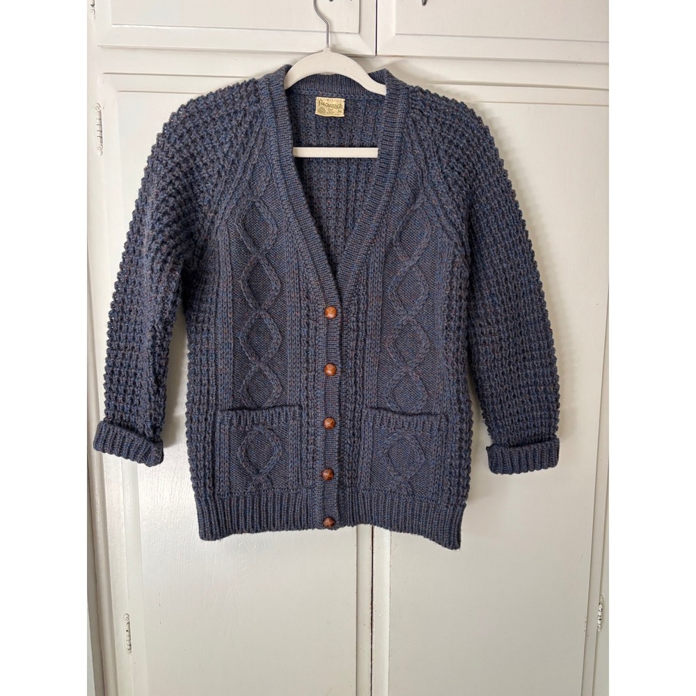 Falcarragh Irish Wool Cardigan Sweater Blue Cable Knit Button Front Womens M
